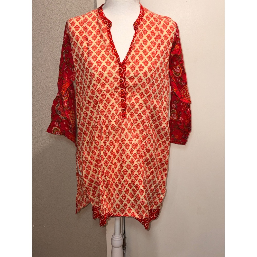 Biba Red Cream Block Print Kurti Tunic Top Floral Sleeves Size 36 Boho Ethnic